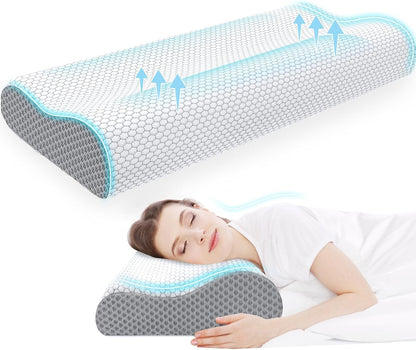 Neck Pillow for Sleeping, Ergonomic Cervical Bed Pillow, Blue Standard Size | Memory Foam Bed Pillow for Side Back Stomach Sleepers, Contour Fit Neck Pillow for Sleeping and Neck Pain Relief