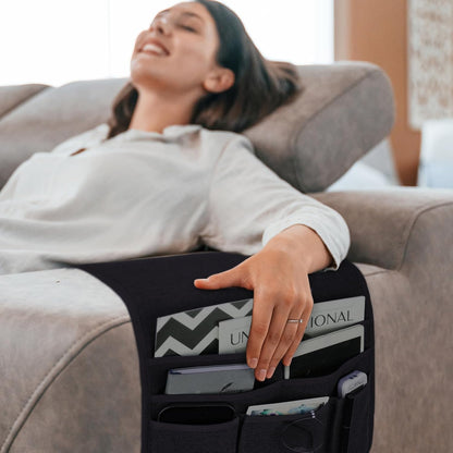 Teniux Remote Control Holder GRS Certified Armchair Caddy for Recliner Couch, Recycled Material Non-Slip Armrest Organizer with 5 Pockets for Magazine, Tablet, Phone, iPad (Dark Grey)