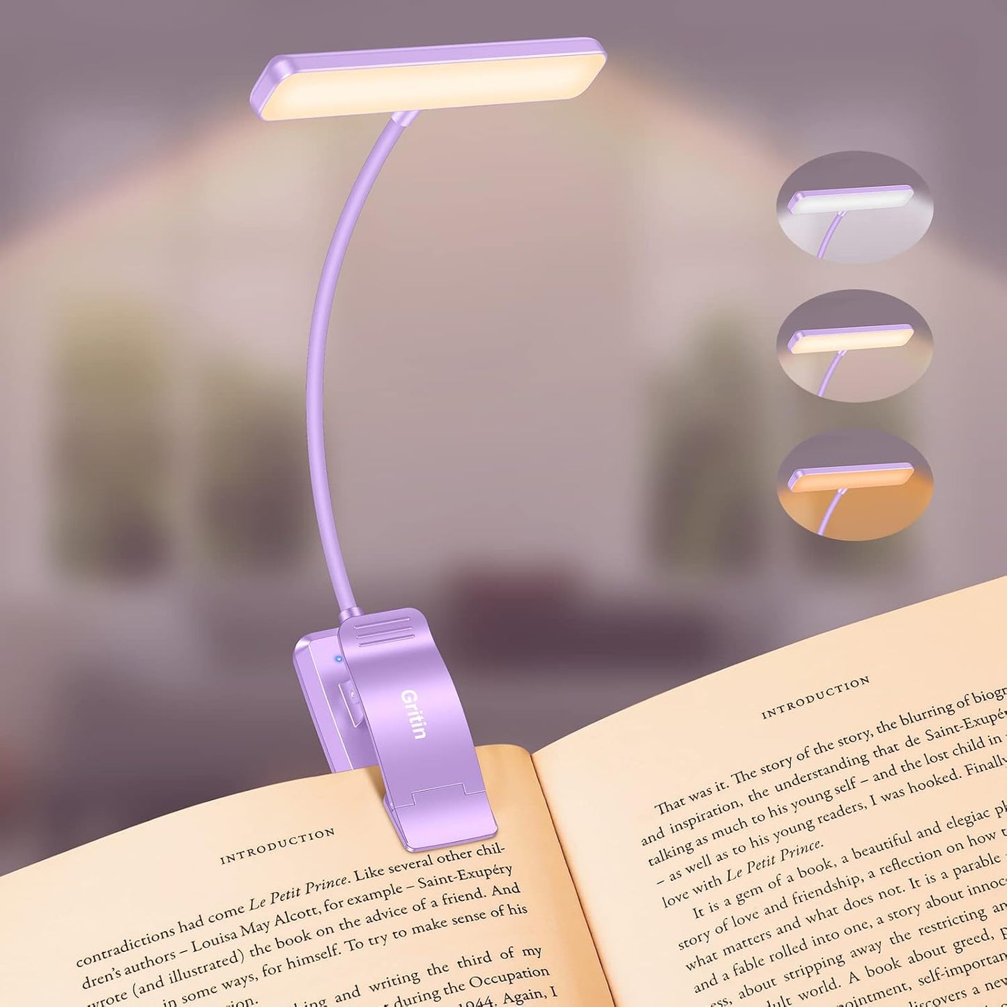 Gritin 19 LED Rechargeable Book Light for Reading in Bed | Eye Caring 3 Color Temps,Stepless Dimming Brightness,Memory Function,90 Hrs Runtime Lightweight Clip on Light for Book Lovers