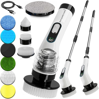 Electric Spin Scrubber for Cleaning, Cordless Power Scrubber with Long Handle, 10 Replaceable Brush Heads, 2-Speed, IPX7 Waterproof for Bathroom, Shower, Tub, Tile & Kitchen