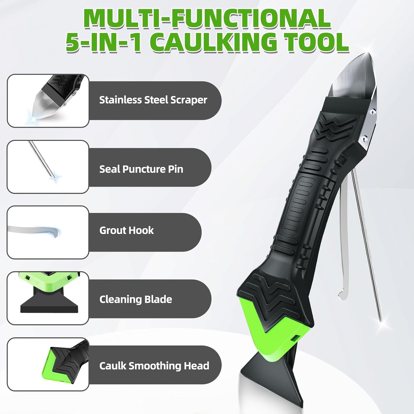 5 in 1 Silicone Caulking Tool Kit, Caulk Remover Tool with Stainless Steel Head,Caulk Finishing Tool with Different Angles,Grout Removal Tool for Kitchen Sink Washroom Floor Bathroom Toilet Caulking