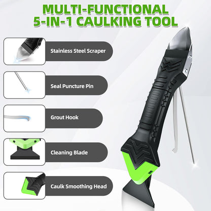 5 in 1 Silicone Caulking Tool Kit, Caulk Remover Tool with Stainless Steel Head,Caulk Finishing Tool with Different Angles,Grout Removal Tool for Kitchen Sink Washroom Floor Bathroom Toilet Caulking