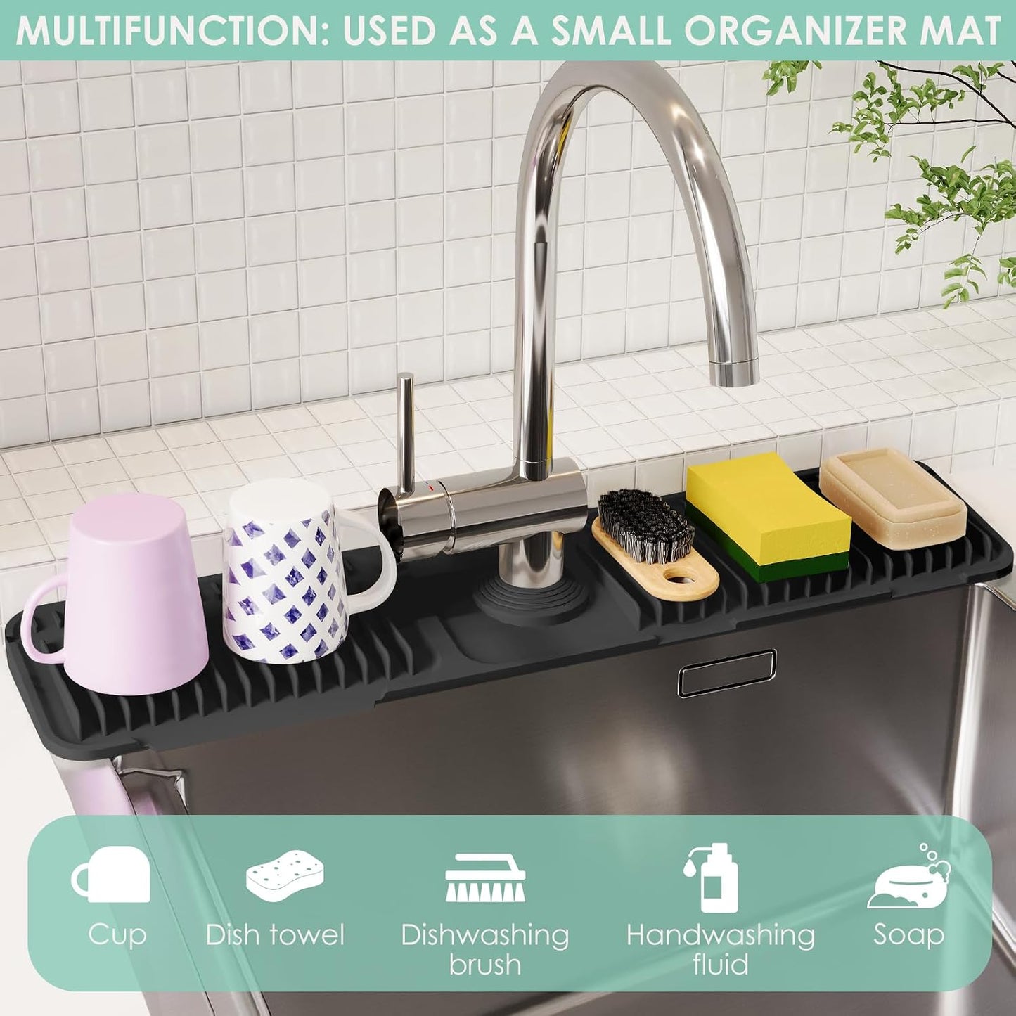 24-Inch Silicone Faucet Mat for Kitchen Sink Splash Guard, 7° Slope | 24"x5.5" water draining mat with fasten button; 1.6-2.75" customizable hole for bathroom, RV & kitchen sink drip catcher.