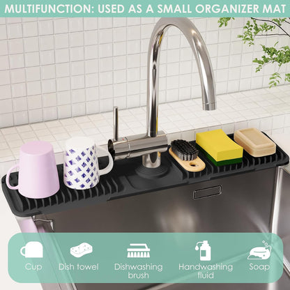 24-Inch Silicone Faucet Mat for Kitchen Sink Splash Guard, 7° Slope | 24"x5.5" water draining mat with fasten button; 1.6-2.75" customizable hole for bathroom, RV & kitchen sink drip catcher.