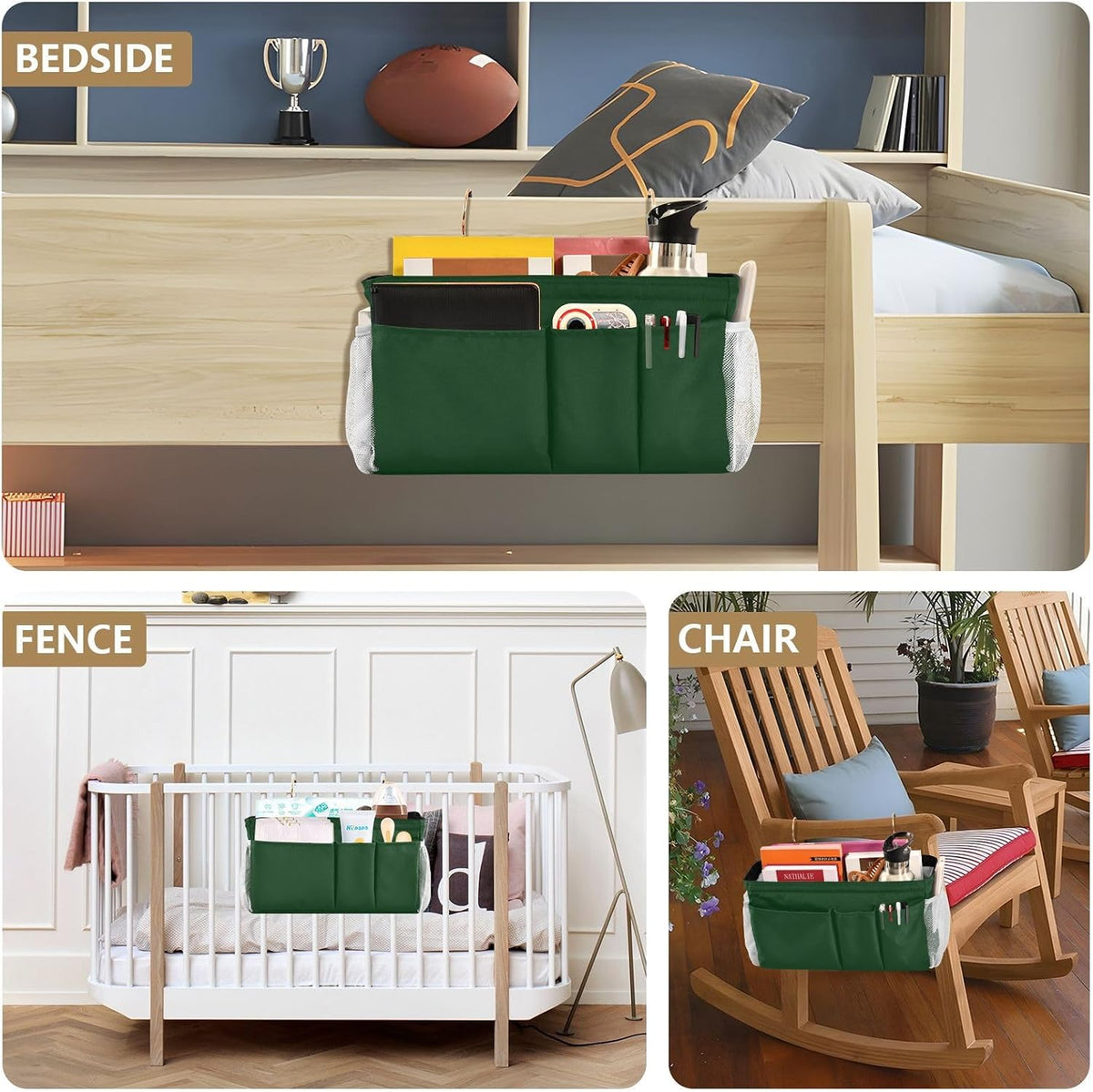 Forest Green Bedside Caddy Bedside Storage Organizer Hanging Storage Bag for Bunk and Hospital Beds, Dorm Rooms Bed Rails