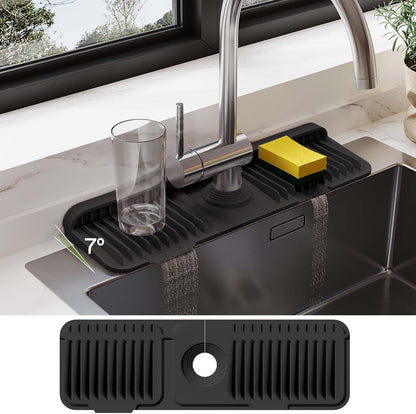 24 Inch Silicone Faucet Mat for Kitchen Sink Splash Guard – Upgraded Draining Mat with Water Tray Behind Faucet – Countertop Protectors to Catch Spills (Black, 24" x 5.5" )
