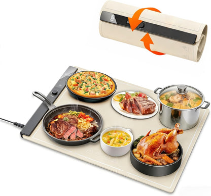 Electric Food Warming Mat 24"x16", Warming Tray with 6 Level Adjustable Temperature, Heating Fastly in 10s, Timed Function & Kids Lock, Portable Roll-Up Mat for Family Gatherings, Buffets and Parties