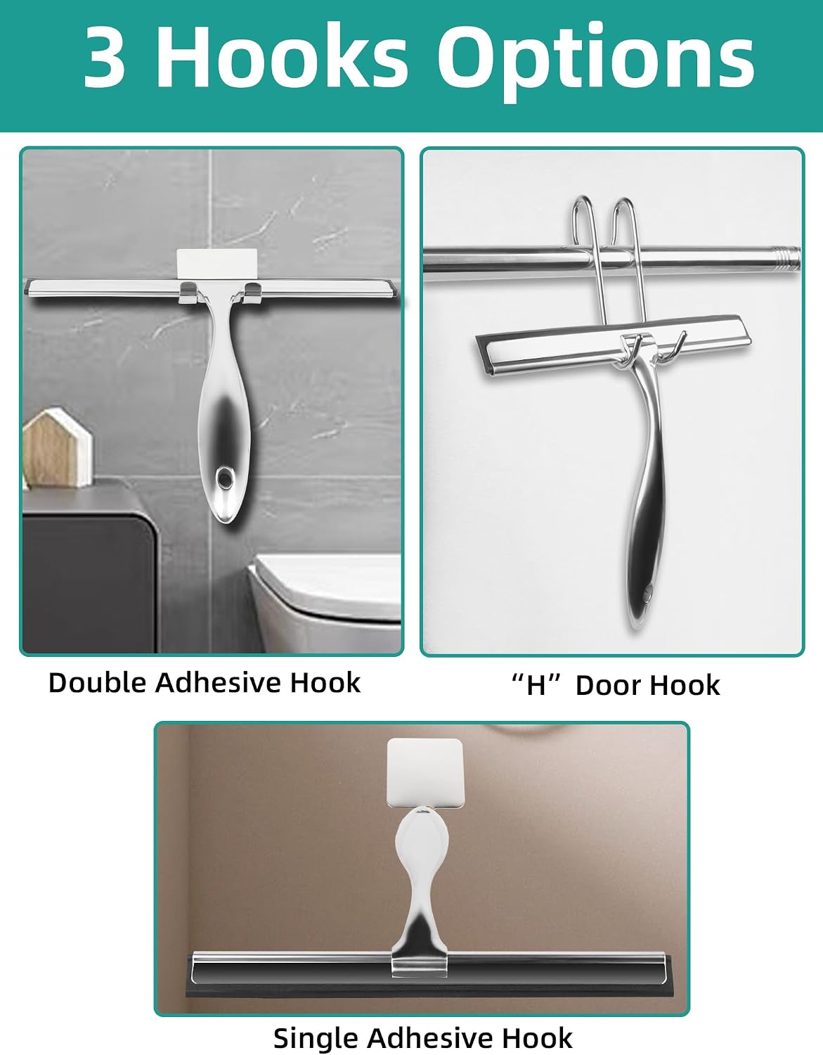All-Purpose Stainless Steel Shower Squeegee Come with S Hook, 2 Square Sticky Hook 2 Rubber Strips Shower Squeegee for Glass Doors, Windows, Mirrors, Tiles and Car Glass -10 Inches Silver