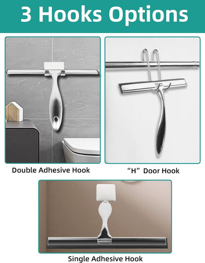 All-Purpose Stainless Steel Shower Squeegee Come with S Hook, 2 Square Sticky Hook 2 Rubber Strips Shower Squeegee for Glass Doors, Windows, Mirrors, Tiles and Car Glass -10 Inches Silver