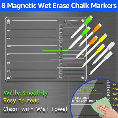 PigPotParty Acrylic Magnetic Chore Chart for Kids, 12x9.5 Inch, 2 Pack | Sleek Clear Acrylic Design, Reward System Builds Habits, Built-In Magnets Require No Installation, 8 Wet-Erase Markers