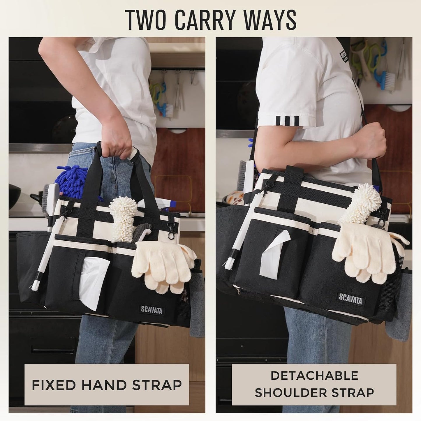 SCAVATA Compact Wearable Cleaning Caddy with Handle & Shoulder Straps | Small Cleaning Supplies Organizer, Under Sink & Car Cleaning Tools Storage Bag for Housekeepers Cleaners, Black