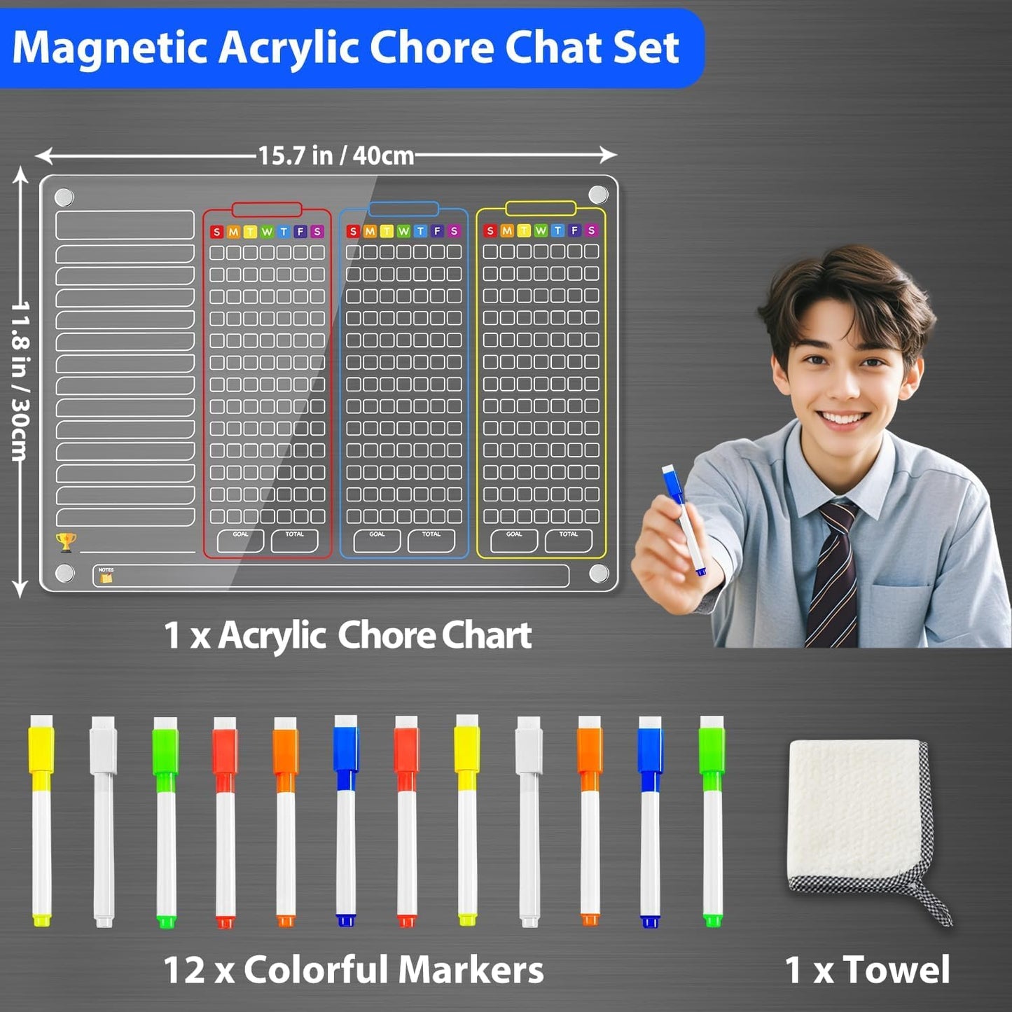PigPotParty 2-in-1 Acrylic Magnetic Chore Chart for 2 Kids, Large 16x12 in | Clear Dry Erase Fridge Chore Board for Teens, Roommates; Vibrant Layout; Embedded Magnets; 12 Wet-Erase Markers and Towel