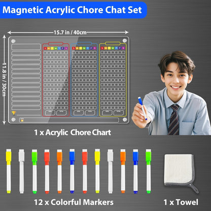 PigPotParty 2-in-1 Acrylic Magnetic Chore Chart for 2 Kids, Large 16x12 in | Clear Dry Erase Fridge Chore Board for Teens, Roommates; Vibrant Layout; Embedded Magnets; 12 Wet-Erase Markers and Towel