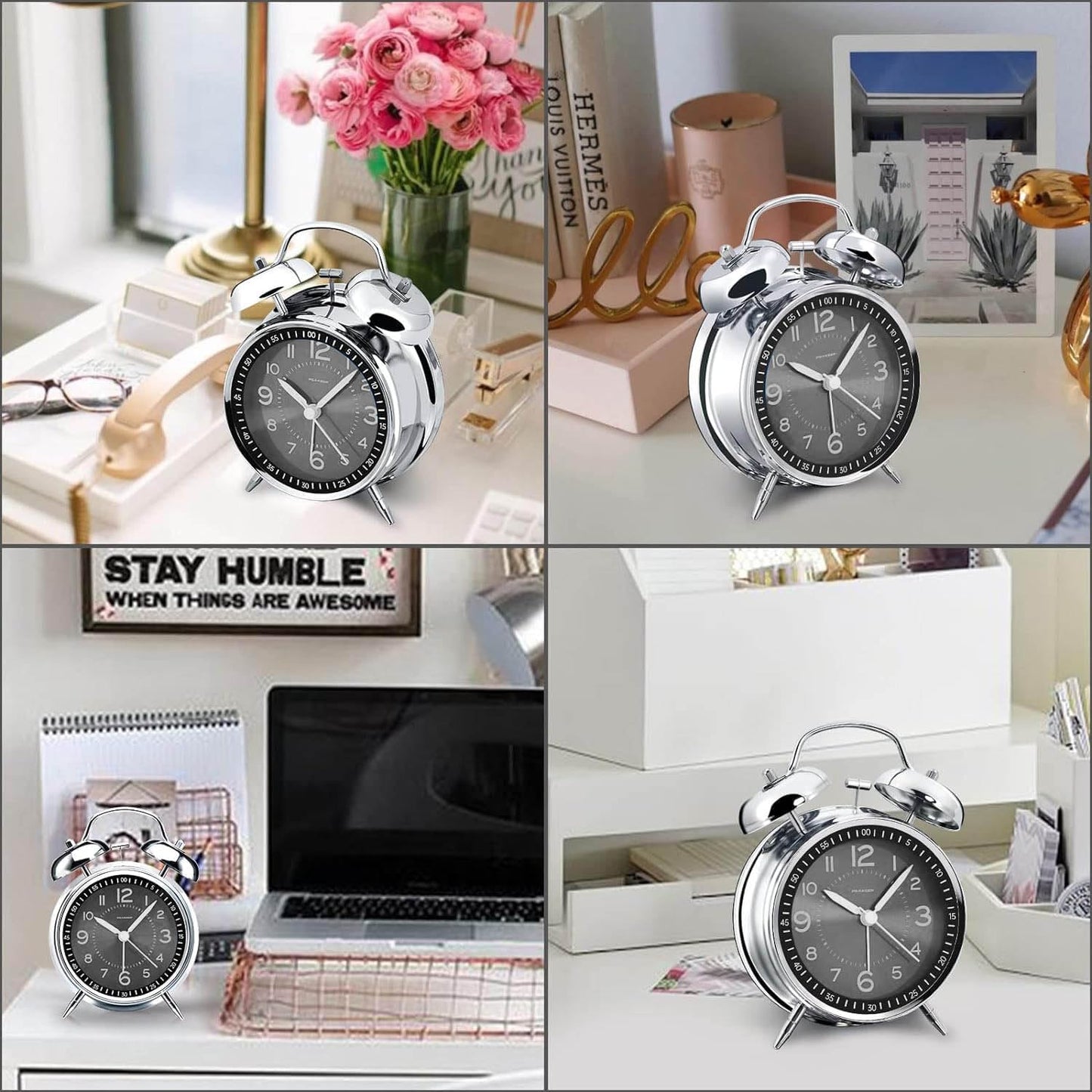 Azyh Loud Alarm Clock for Heavy Sleepers Adults, Metal 4 Inches Twin Bell Battery Operated Alarm Clocks for Bedrooms Decoration, Silent Non-Ticking, Back-to-School Gift (Red Brown)