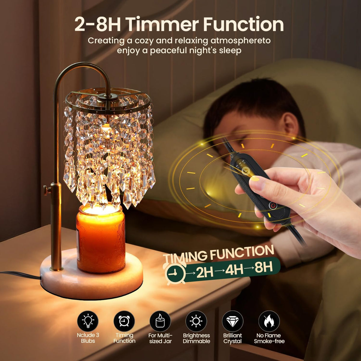 Candle Warmer Lamp with Timer Dimmer，2H/4H/8H Timer , Lamp Candle Warmer with Marble Base for Adjustable Height, Crystal Wax Melt Warmer for Jar Candles, House Warming Decor Gifts Mothers Day Gifts