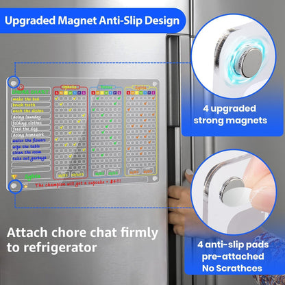 PigPotParty 2-in-1 Acrylic Magnetic Chore Chart for 2 Kids, Large 16x12 in | Clear Dry Erase Fridge Chore Board for Teens, Roommates; Vibrant Layout; Embedded Magnets; 12 Wet-Erase Markers and Towel