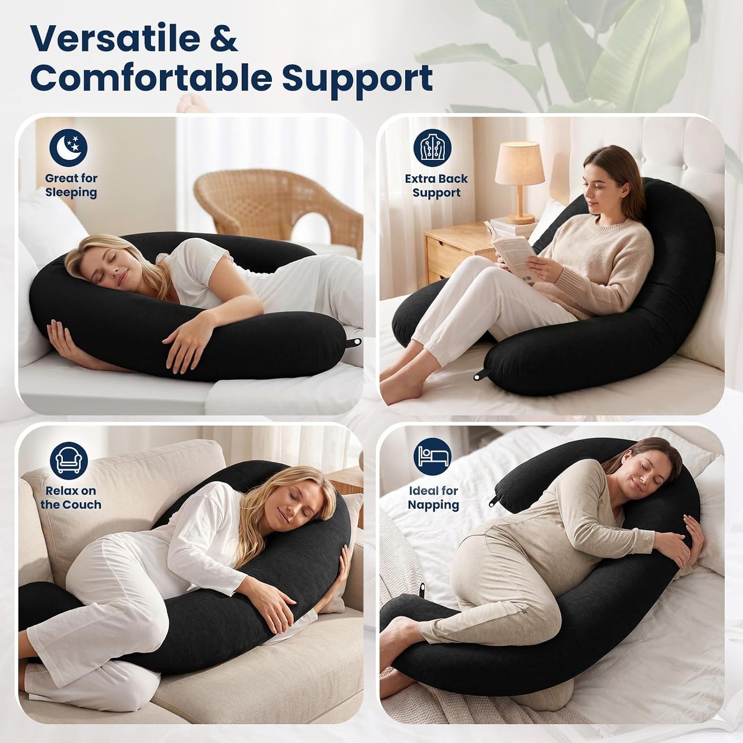 TranquilRelax C Shaped Body Pillow for Side Sleepers, Memory Foam Long Pillow for Leg, Hip & Back Support, Soft Washable Cover,Grey-47"*10"