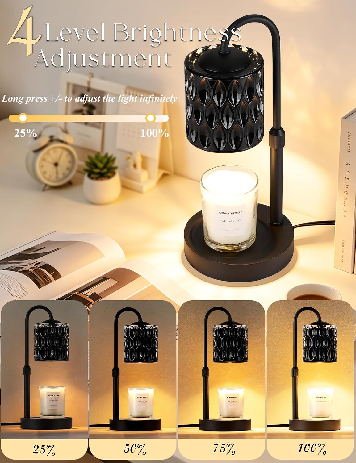Briever Dimmable Candle Warmer Lamp with Timer, Height Adjustable Electric Candle Wax Warmer, Christmas Birthday Gifts for Women Mom, House Warming Gifts New Home Room Decor, Black Solid Wood Base