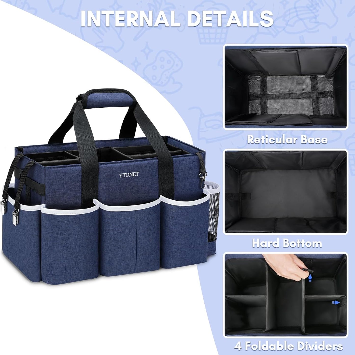 Ytonet Wearable Cleaning Caddy Bag, Large Cleaning Supplies Organizer, Blue | with 4 Foldable Dividers, Shoulder Strap&Waist Strap, Professional Cleaning Bag with Handle for Kitchen Housekeepers Cleaners