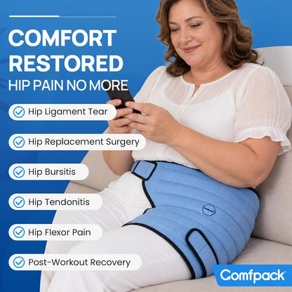 Comfpack Hip Ice Pack Wrap After Surgery, 2 Hours Long Lasting Cold Therapy | Flexible & Evenly Cooling Reusable Ice Pack for Hip Replacement Surgery, Injuries, Sciatica, Bursitis, Hip Flexor Pain, Gift