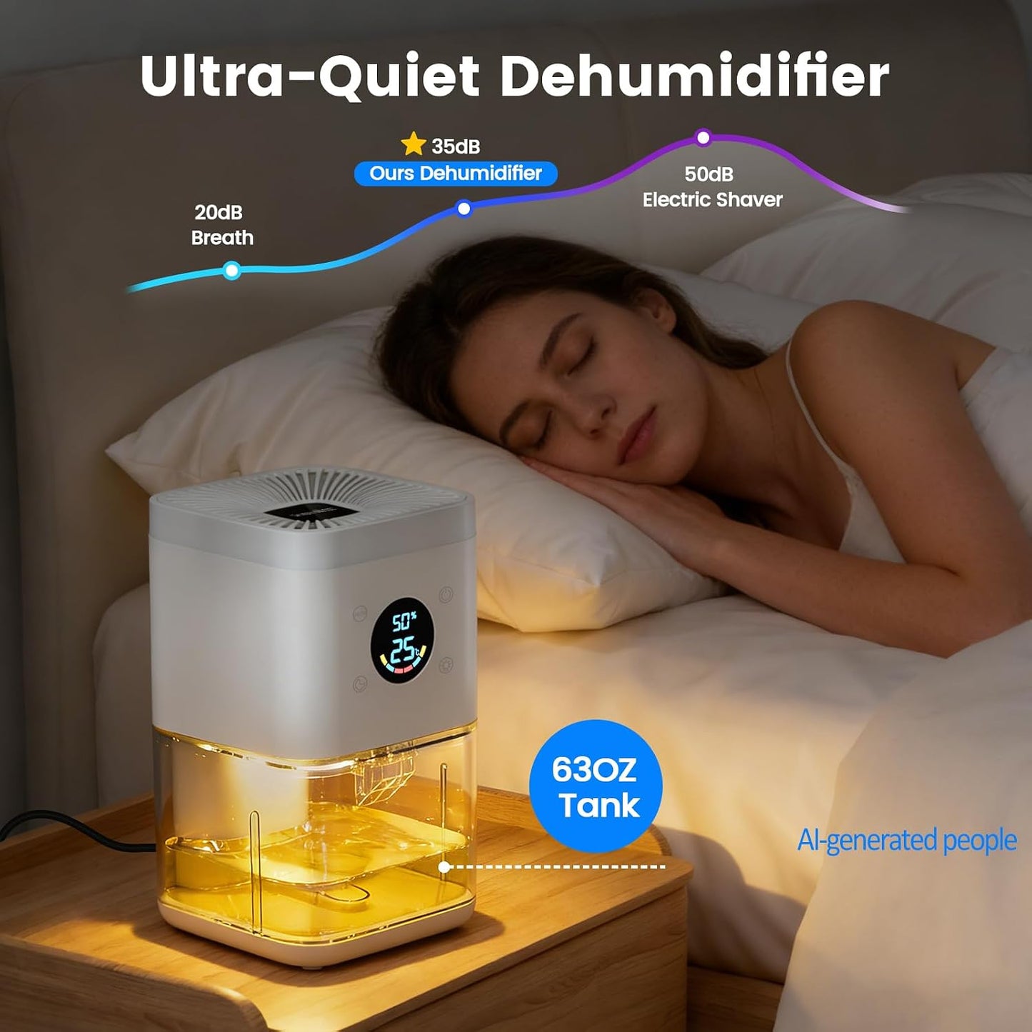 Small Dehumidifier for Bedroom – 63oz 35dB Quiet Auto Dehumidify (60/70%) & Continuous Mode for Bathroom Closet RV, Auto Defrost & Auto Shut-Off, 7-Color Flowing Night Light & Timer, Portable – White