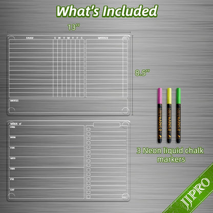 JJPRO Non-Magnetic Dry Erase Calendar for Fridge, Monthly Calendar, Weekly Planning Board Bundle for All Smooth Surfaces. Clear Reusable Calendar Stick to Fridge,Cabinet,Door&Glass