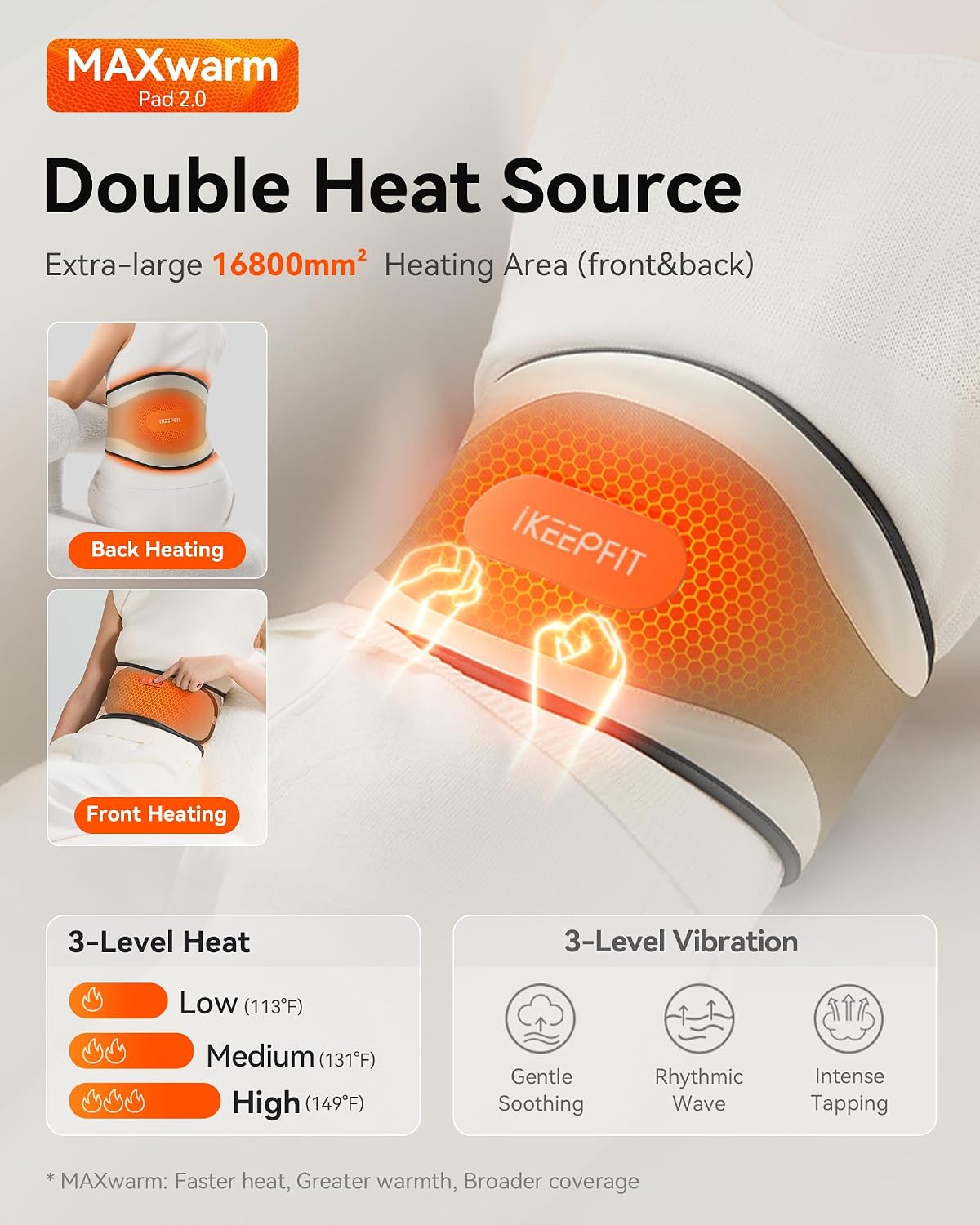 IKEEPFIT Portable Heating Pad for Back & Period Cramps, MAXwarm 2.0, Cordless Lower Back & Menstrual Heated Pad with Massager for Pain Relief, Wearable Heat Belt, Extra Large 70" (Grey)