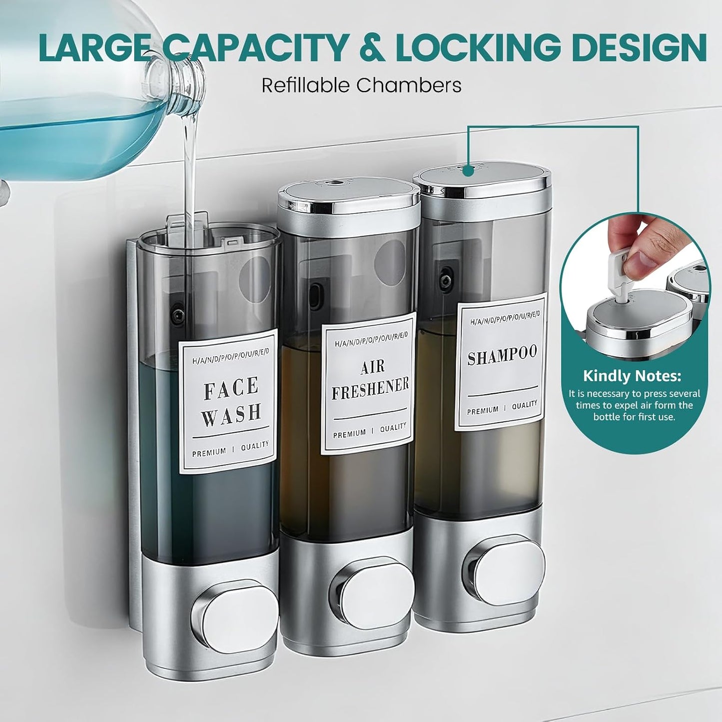 Wall Mounted Shower Soap Dispenser 3 Chamber,No Drill Shower Dispenser | Shampoo and Conditioner Dispenser for Bathroom Hotel Large Capacity, each 300ml with two waterproof labels,Gold