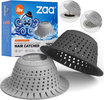 Bathtub Drain Strainer Silicone Bathroom Stopper Fixture Accessories | 2-Pack Gray Collapsible Shower Drain Hair Catcher for Pop Up Tubs, Traps Hair Before Clogs, Easy Clean for Bathroom Sinks