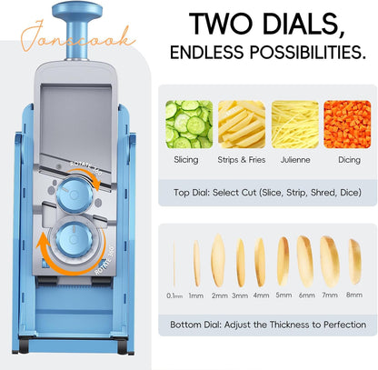 Jonscook All-in-1 Safe Mandoline Slicer for Kitchen, Vegetable Slicer with Container, Adjustable Veggie Mandoline, French Fry Cutter, Potato/Tomato/Onion Slicer, Grater/Cleaning Brush (Black Knight)