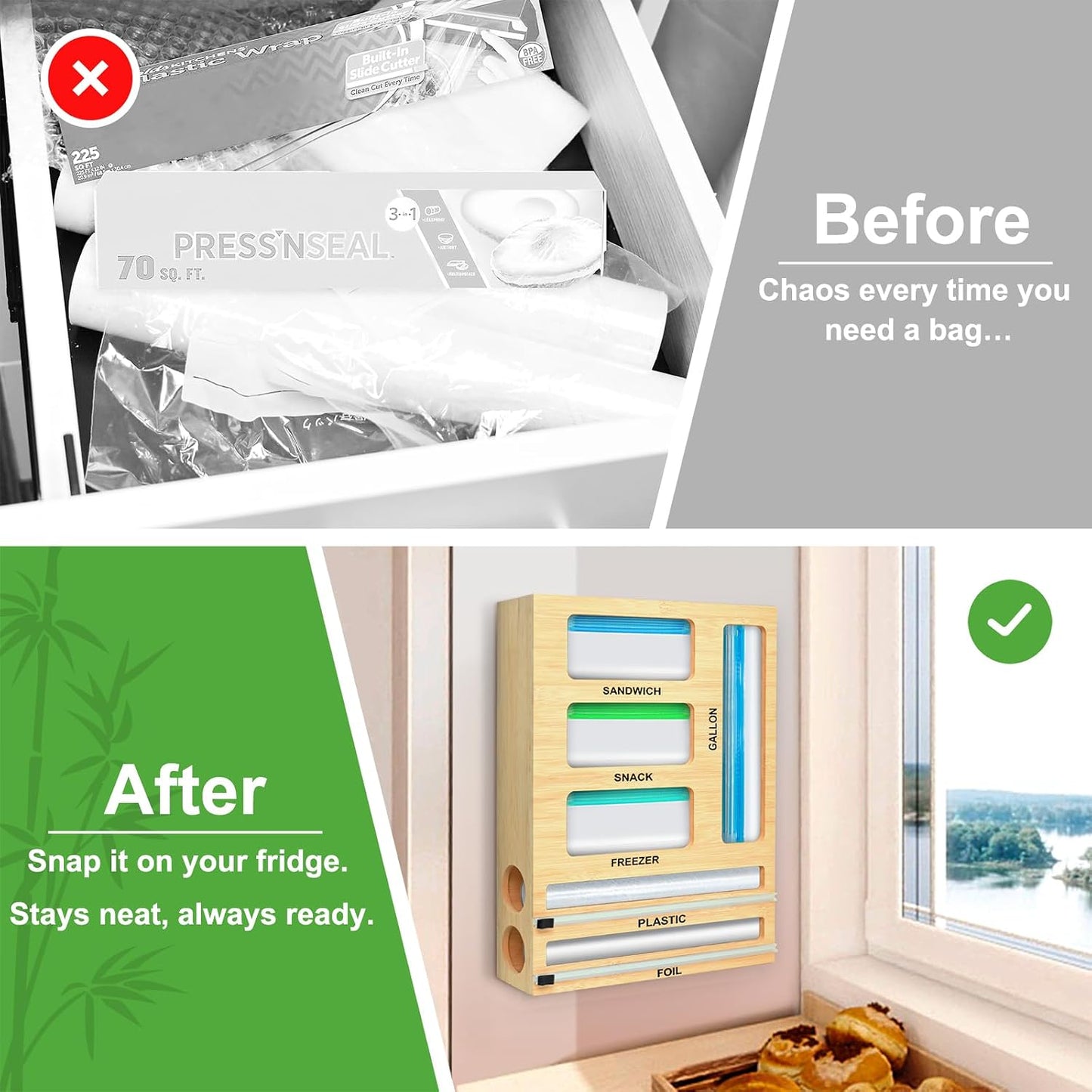MSJGA Magnetic Plastic Wrap Dispenser with Cutter for Drawer&Refrigerator | 3 in 1 Fridge Bamboo Organizer for Tin Foil, Baking Paper, Wax Paper Holder Kitchen Storage Box Compatible,13" x 8.2" x 2.7"