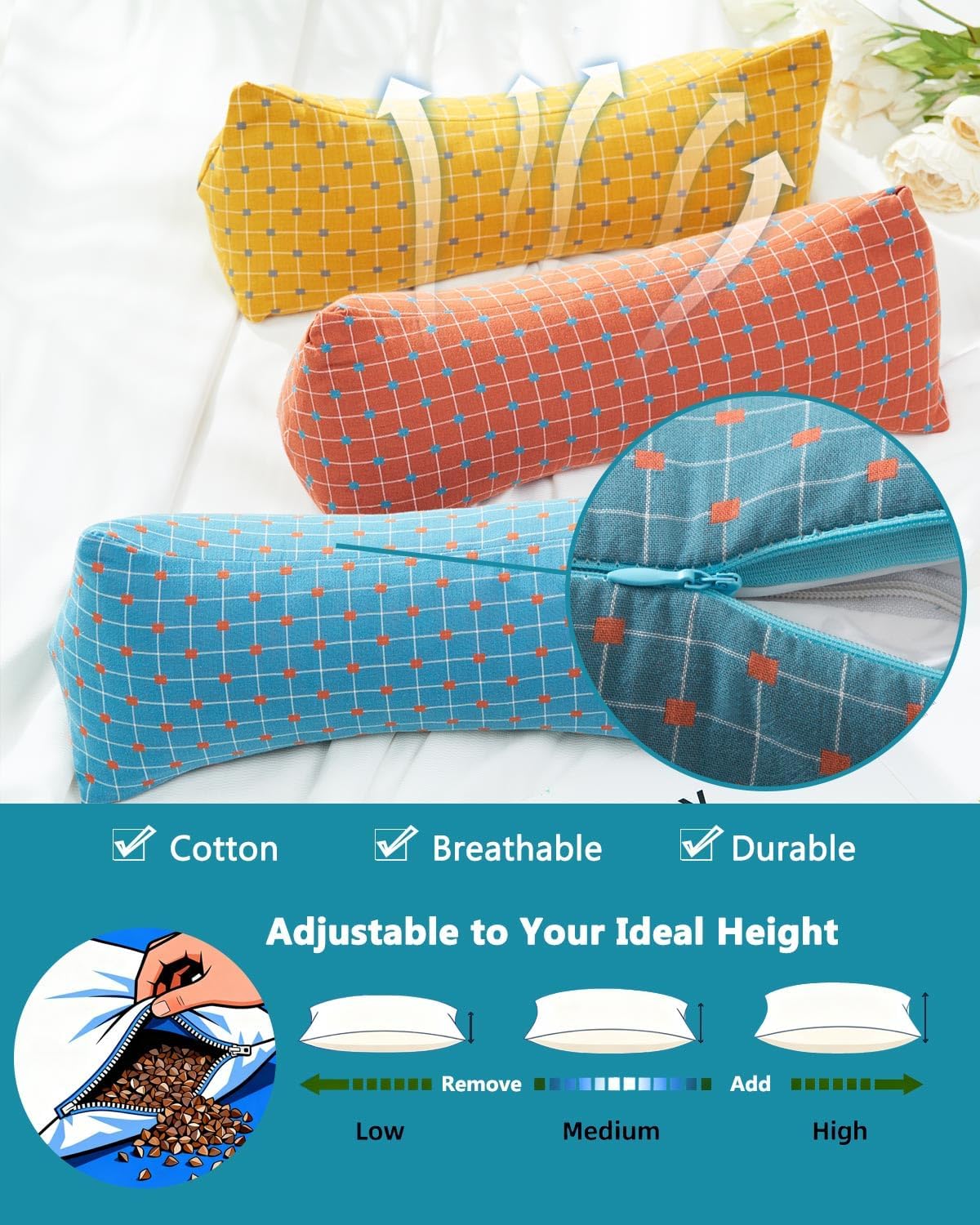 Buckwheat Cervical Neck Roll Pillow, Adjustable Firm Support for Neck Pain Relief, 15.7x6 Inch Buckwheat Hull Pillow for Back Side Sleepers