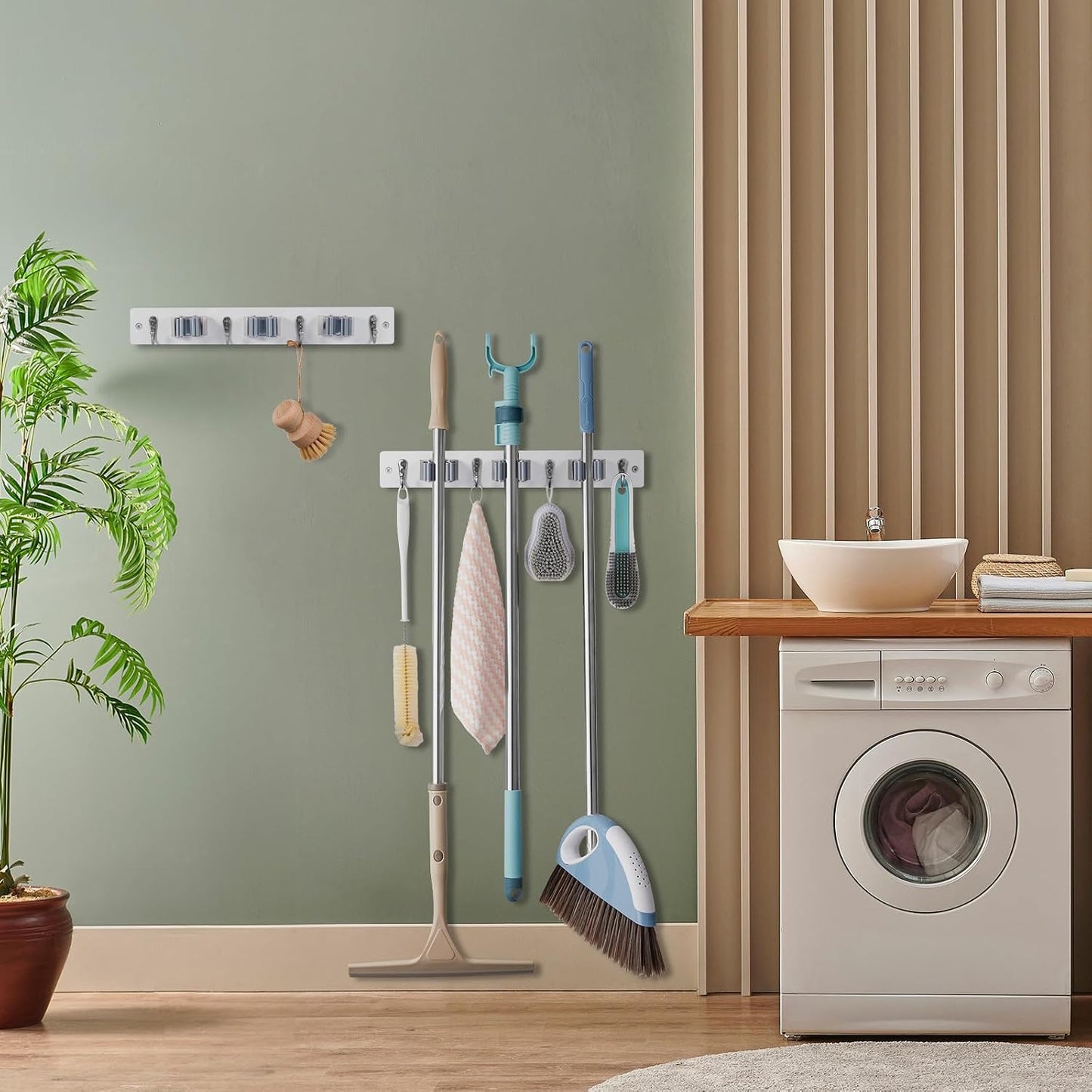 OUTNILI Mop and Broom Holder Wall Mount - Wood Broom Mop Hanger - Wall Mounted Garden Tool Rack Organizer for Closet Garage Laundry Room, Rustic Kitchen Decor With 4 Slots & 4 Hooks