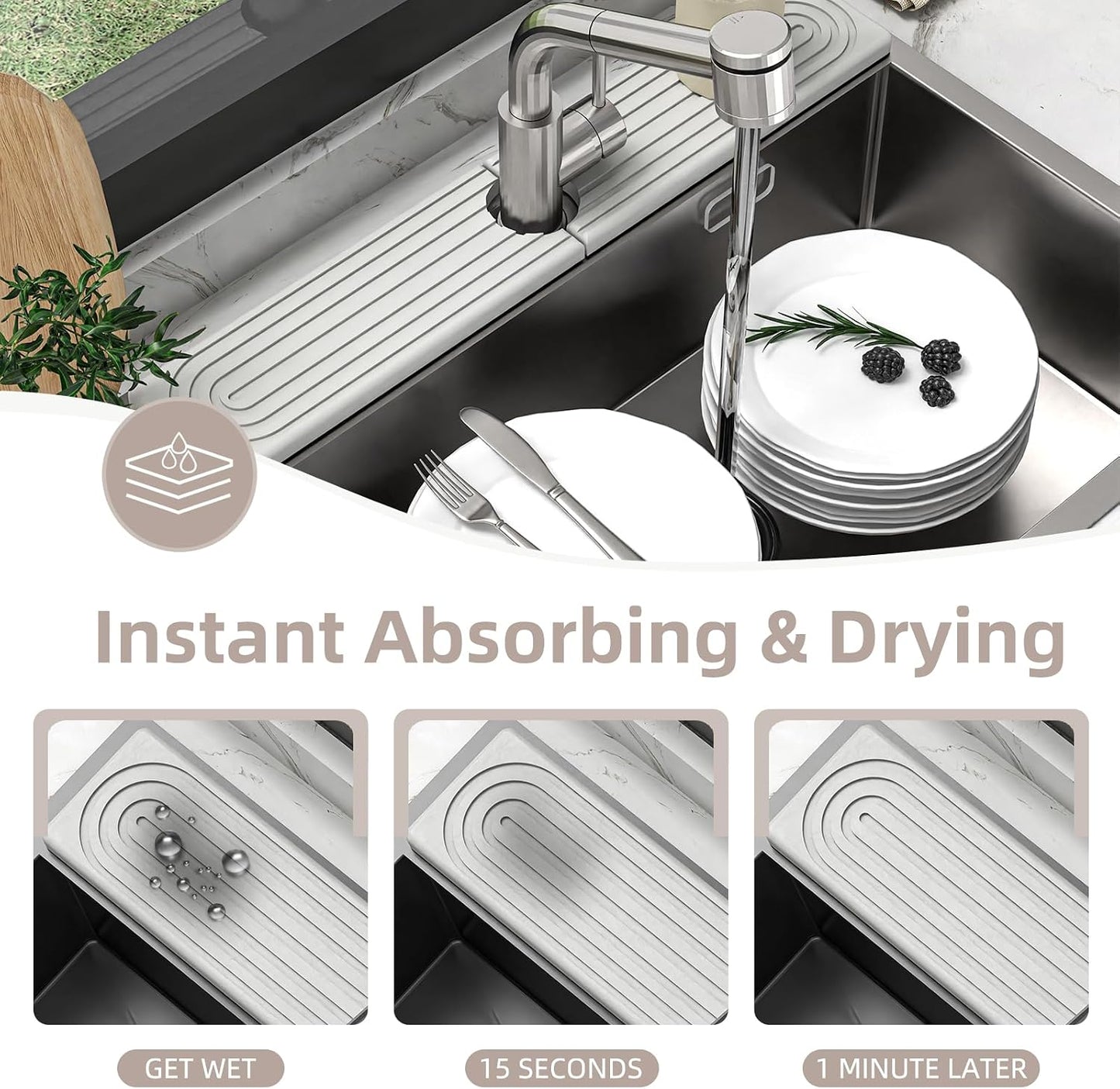 Faucet Mat for Kitchen Sink - Super Absorbent Diatomite Fast Drying Stone, Quick Drying Splash Guard,Prevents Moisture Buildup Sink, Durable Protector for Kitchen,Bathroom Counter