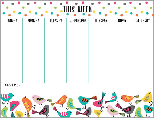 Weekly Calendar Planner Note Pad - Bright Birds with Attachable Magnet