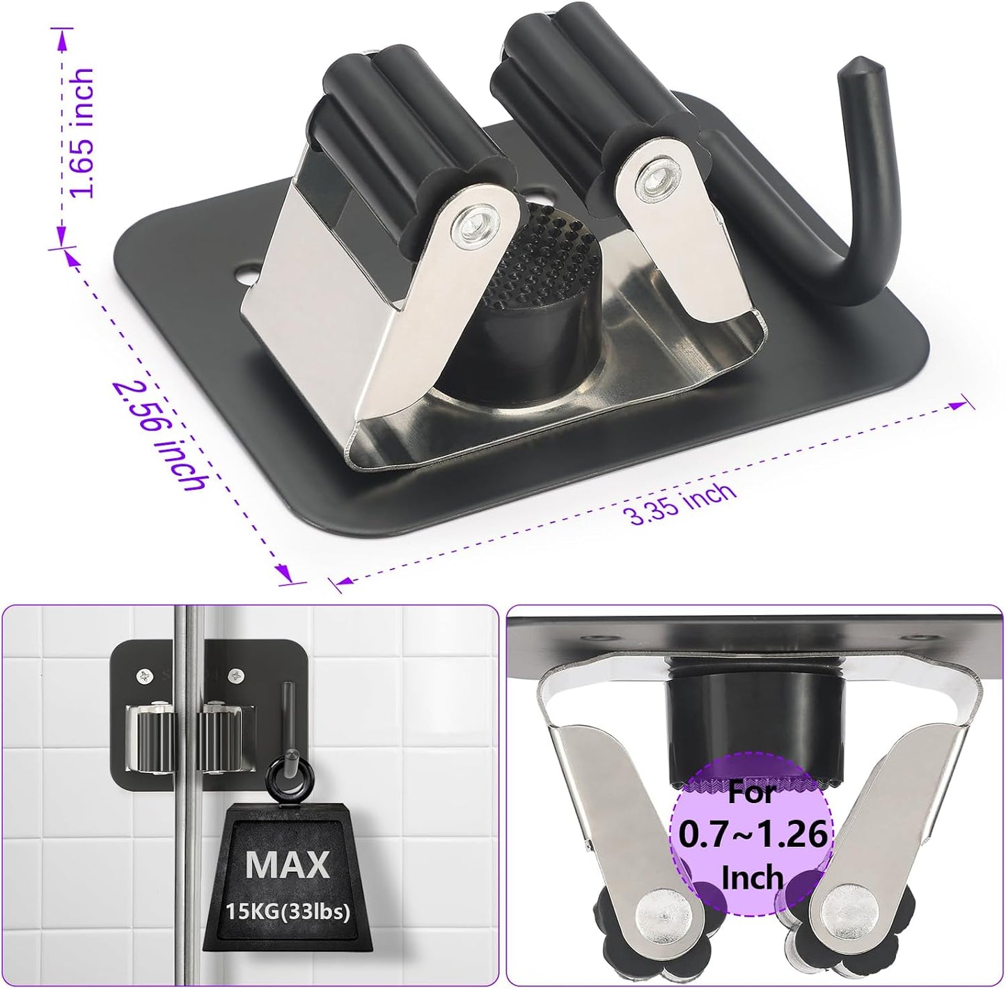 Stainless Steel Broom Holder, Heavy Duty, Rust Resistant, 4 Gripper Positions with 4 Hooks, Black | Drill-Mounted Gripper Rack Holds Brooms, Mops and Garden Tools Safely in the Laundry Room, Kitchen, Garage, Garden and Shed