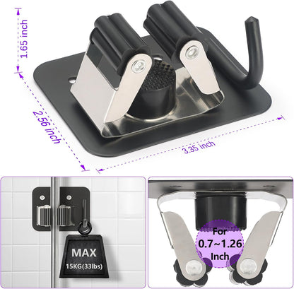 Stainless Steel Broom Holder, Heavy Duty, Rust Resistant, 4 Gripper Positions with 4 Hooks, Black | Drill-Mounted Gripper Rack Holds Brooms, Mops and Garden Tools Safely in the Laundry Room, Kitchen, Garage, Garden and Shed