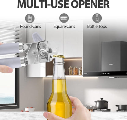Safring Can Opener Manual, Heavy Duty Handheld Strong Can Opener with Soft Touch Handle, Sharp Blade Smooth Edge, Can Openers with Multifunctional Bottle Opener, Black