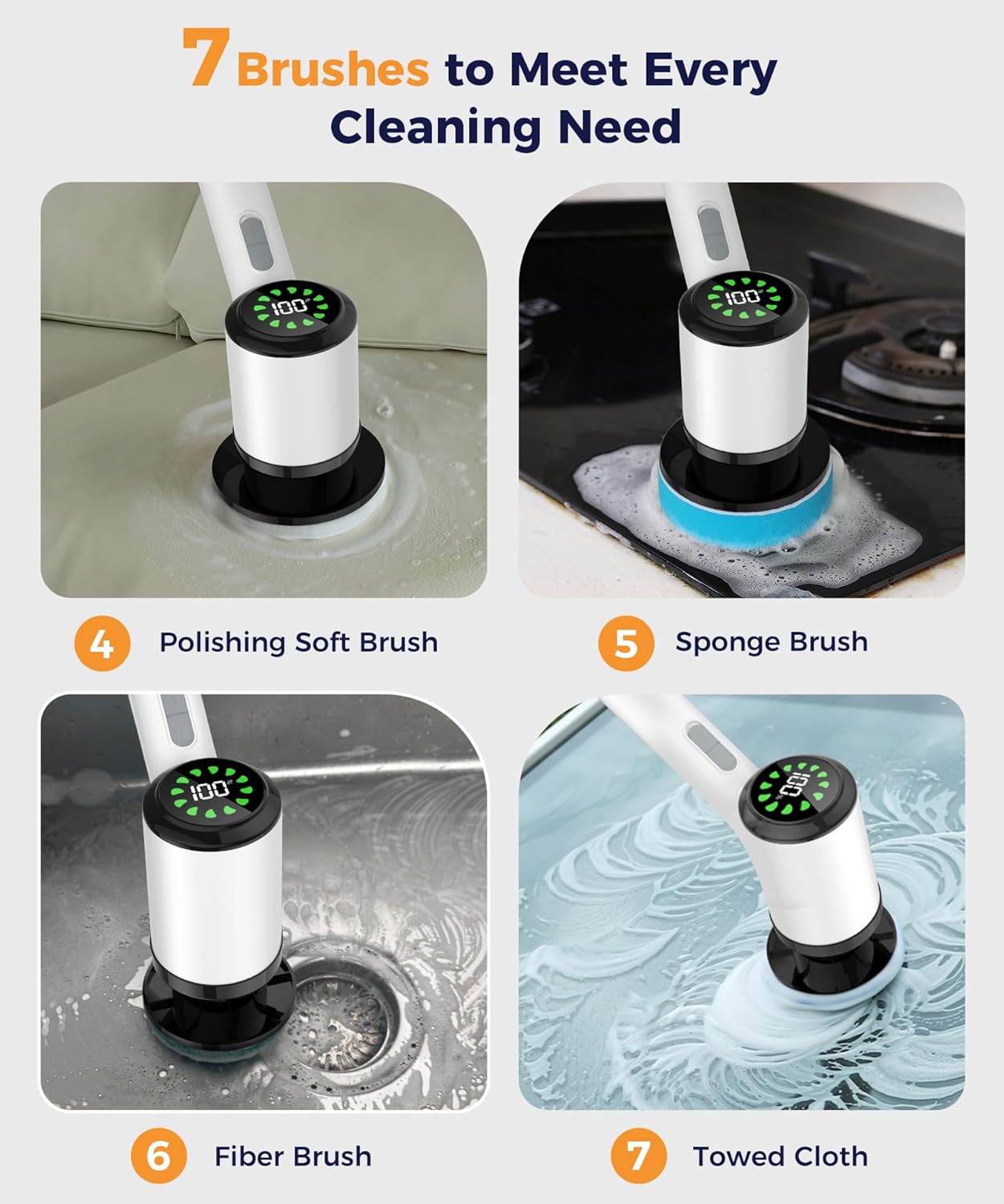 Cordless Electric Spin Scrubber, 8-in-1 Bathroom Cleaner | Bathroom scrubber, LED display, dual speeds, IPX7 waterproof, interchangeable heads for grout, tub, shower, wet-dry vacuum