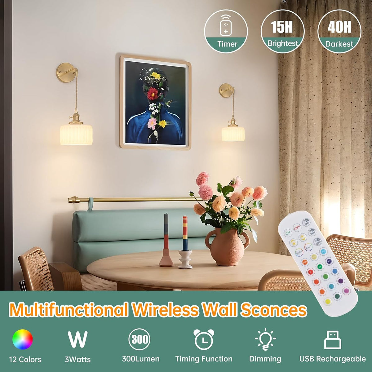 Shenmoyl Battery Operated Wall Sconce with Green Striped Shade Pattern Glass Adjustable Chain Retro Gold Wall Mounted Light, Modern Wall Lamp Fixtures Decor for Bedside Bedroom Indoor Doorway