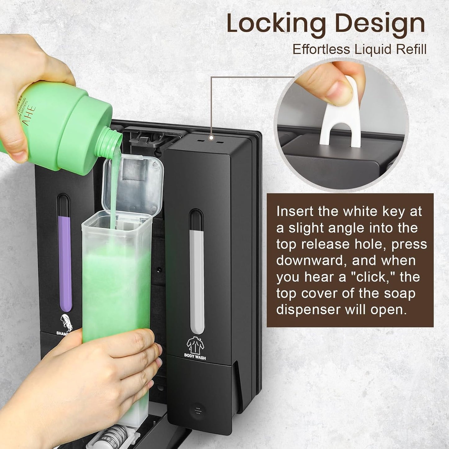 3 Chamber Shampoo and Conditioner Dispenser Set, No Drill Shower Soap | Refillable wall-mounted bottles, BPA-free. 3x400ml. Dispenses shampoo, conditioner,body wash, soap, lotion, gel. Black.
