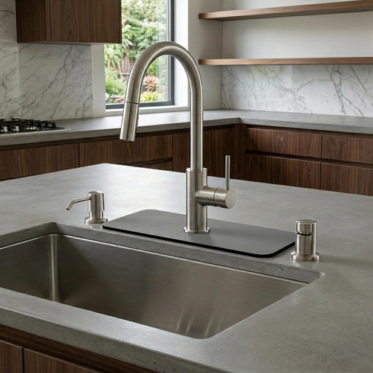 Absorbent Kitchen Sink Faucet Mat: 2PCS 14"Lx5.5"W Small Grey Splash Guard for Compact Sink - Fits Irregular Sink with 2, 3 holes, Soap Dispenser & Air Gap - Cuttable Drip Catcher for Bathroom RV Bar