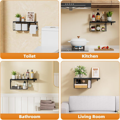 VITVITI Toilet Paper Holder with Shelf, Wall Mounted Storage Basket, Brown | Farmhouse Wall Mount Toilet Paper Holder Shelves, Wood Metal Toilet Roll Wipes Holder for Bathroom