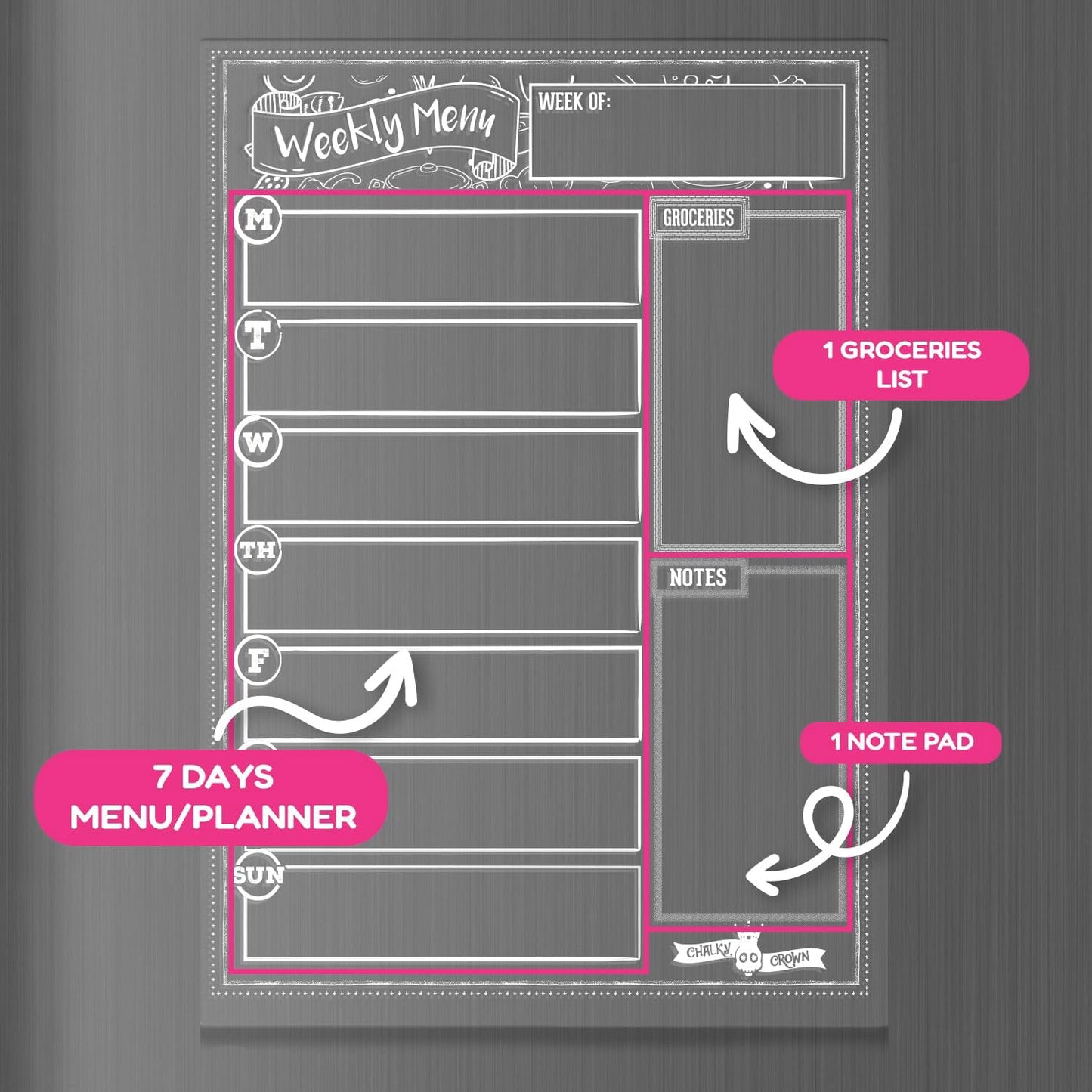 CHALKY CROWN Magnetic Dry Erase Menu Board - Black - 15.6" x 11.6" | Magnetic Weekly Meal Planner & Grocery List for Fridge - Includes 4 Liquid Chalk Markers - Easy to Write & Wipe Clean Design