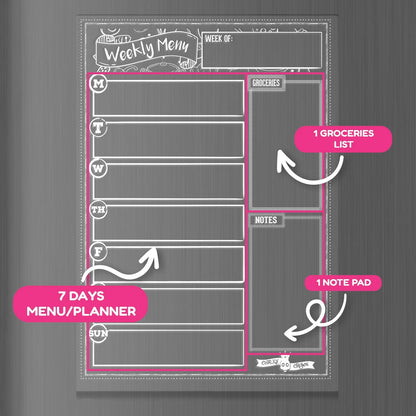 CHALKY CROWN Magnetic Dry Erase Menu Board - Black - 15.6" x 11.6" | Magnetic Weekly Meal Planner & Grocery List for Fridge - Includes 4 Liquid Chalk Markers - Easy to Write & Wipe Clean Design