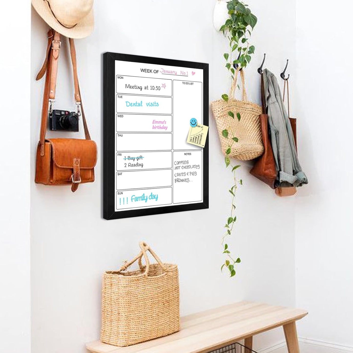 Weekly Dry Erase Whiteboard Calendar, 15.7"x11.8" Magnetic Surface Memo Board, Minimal Design Weekly Planner for Wall, Black Wood Frame Dry Erase Board for Office School Home(ZLBB-S-BK-2636)