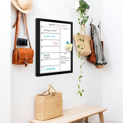 Weekly Dry Erase Whiteboard Calendar, 15.7"x11.8" Magnetic Surface Memo Board, Minimal Design Weekly Planner for Wall, Black Wood Frame Dry Erase Board for Office School Home(ZLBB-S-BK-2636)