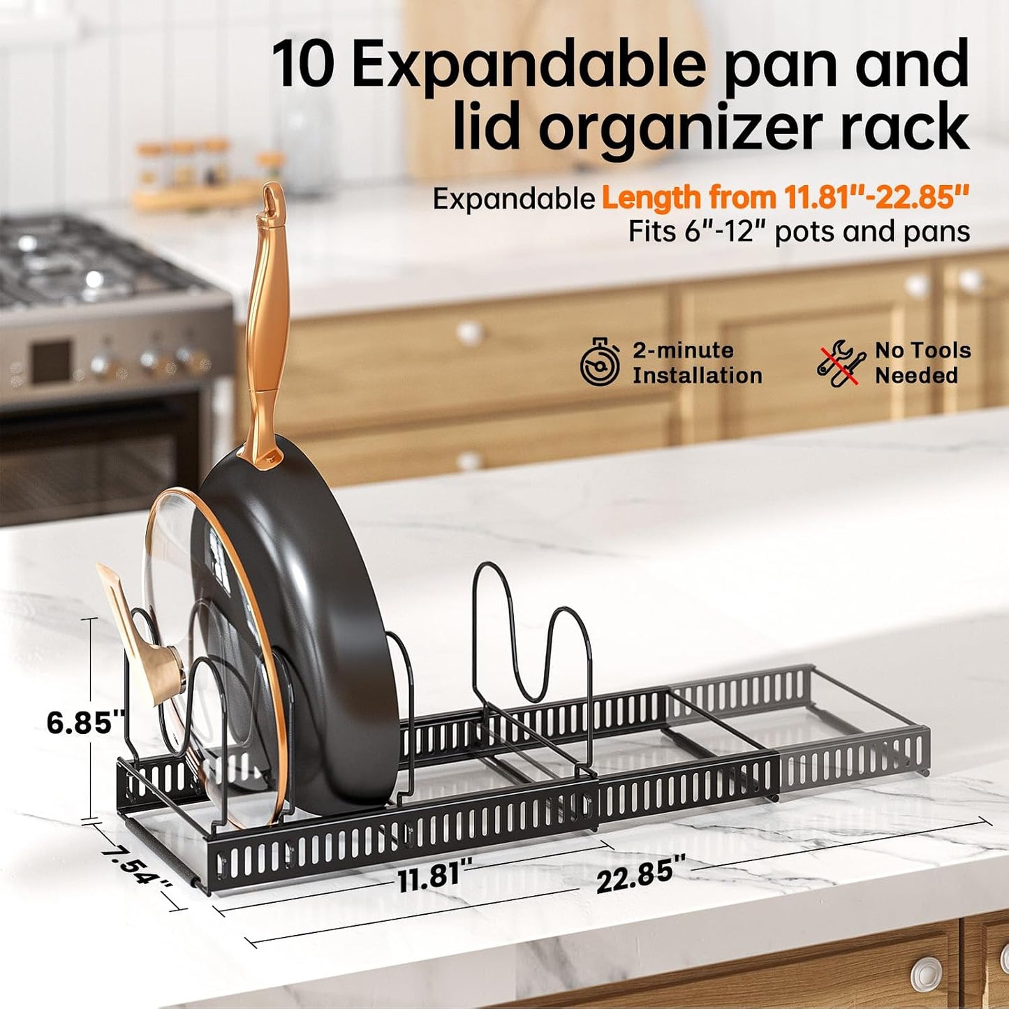 MUDEELA Expandable Pot Pan Lid Organizers inside Cabinet, 10 Divider-Black | Expandable 11.8–22.9", 10 Adjustable Divider, Tool-Free Assembly, Non-Slip, Scratch-Proof, For Pan Lid Cutting Board Bakeware