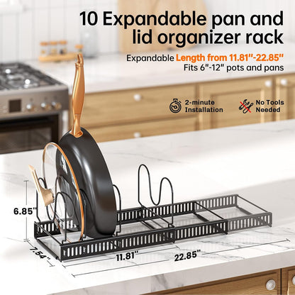 MUDEELA Expandable Pot Pan Lid Organizers inside Cabinet, 10 Divider-Black | Expandable 11.8–22.9", 10 Adjustable Divider, Tool-Free Assembly, Non-Slip, Scratch-Proof, For Pan Lid Cutting Board Bakeware