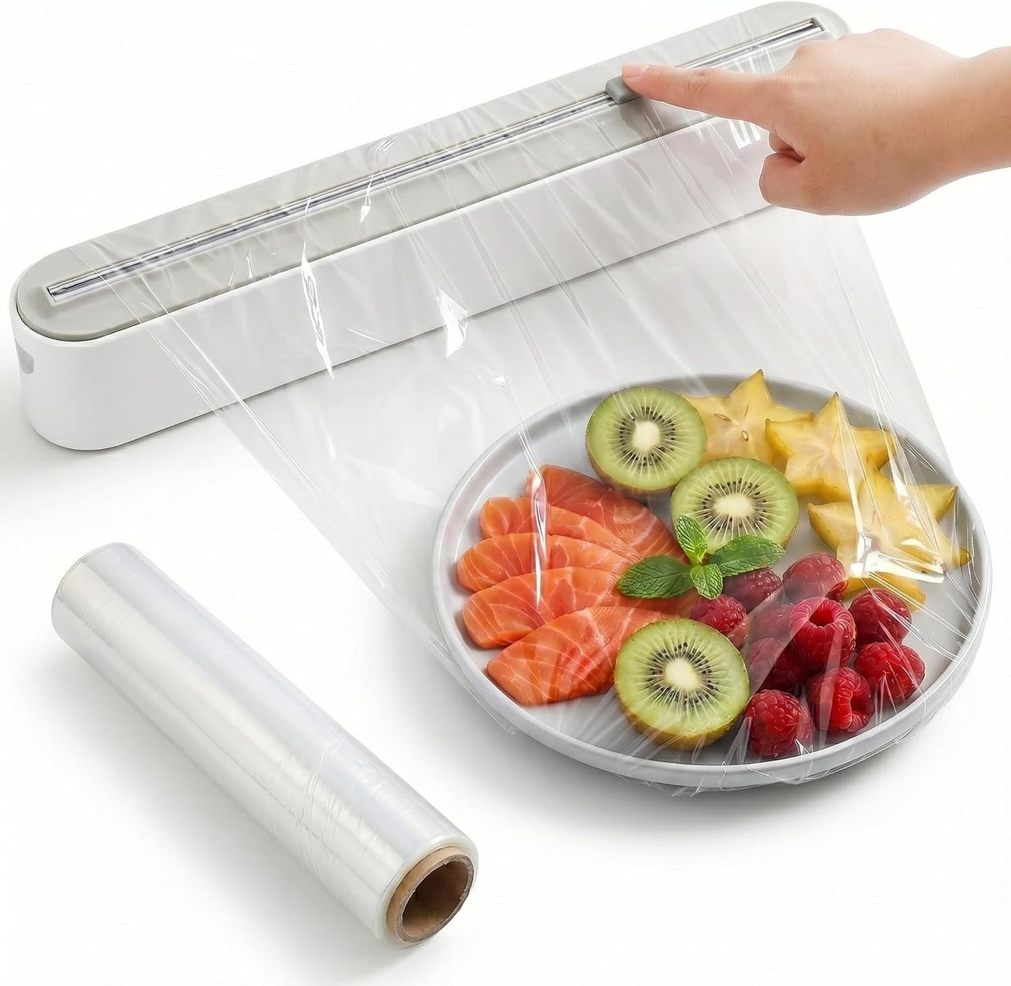 Fits 12" Rolls Up to 1.45" Diameter, Plastic Wrap Dispenser with Cutter | Includes 100 ft plastic wrap; fits slim 12" rolls up to 1.45" diameter. Magnetic mount; not for jumbo or commercial rolls.